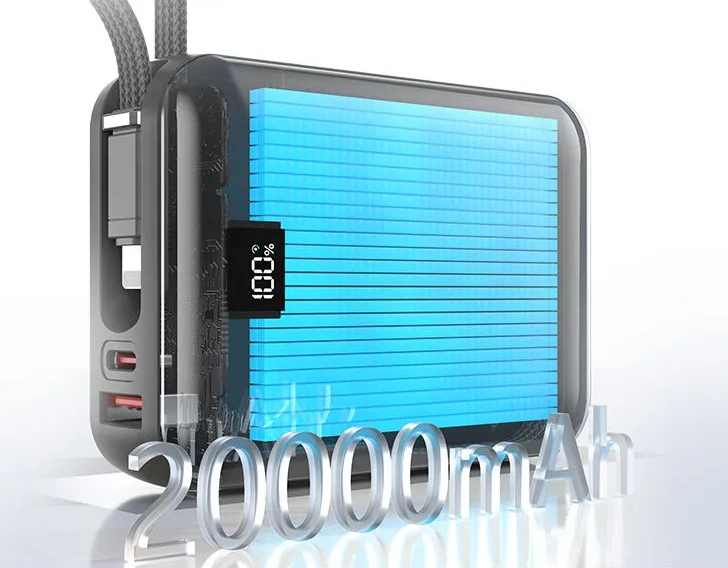 Power Bank Awei C03 20000mAh 45W с быстрой зарядкой и встроенными кабелями Type-C/Lightning